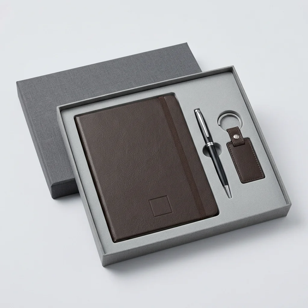 Brown diary, black metal pen and brown leather keyring in an open grey presentation box