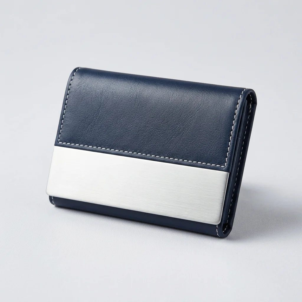 Navy leather card holder with a blank brushed metal plate