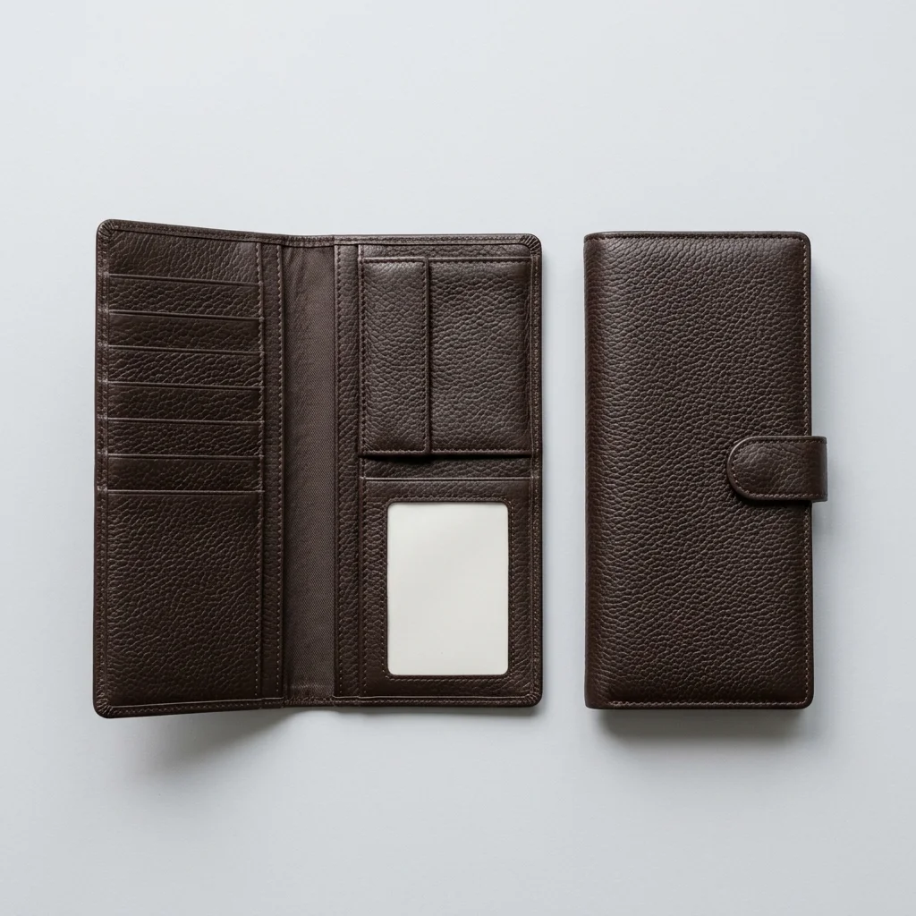 Open brown long leather wallet beside a closed one