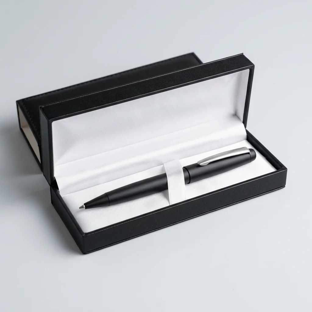 Matte black rollerball pen in an open black gift box with a white lining