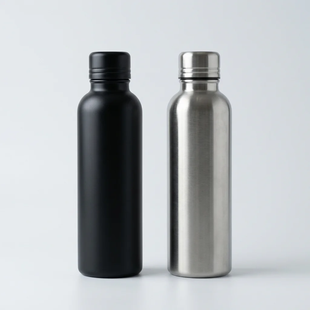 Matte black and brushed steel water bottles side by side