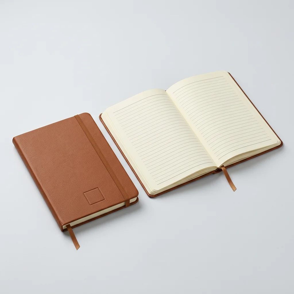 Tan leather diary closed beside an open copy with cream ruled pages