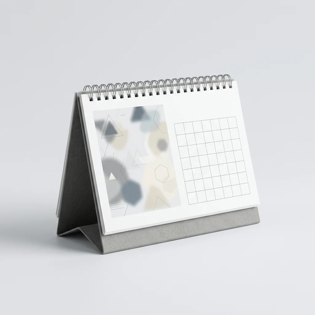 Tent desk calendar with a spiral binding and a grey base