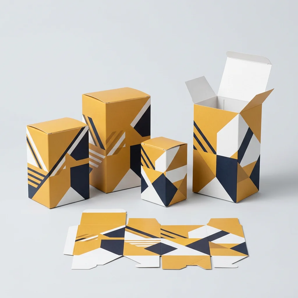 Golden yellow, navy and white folding cartons in three sizes with an unfolded blank
